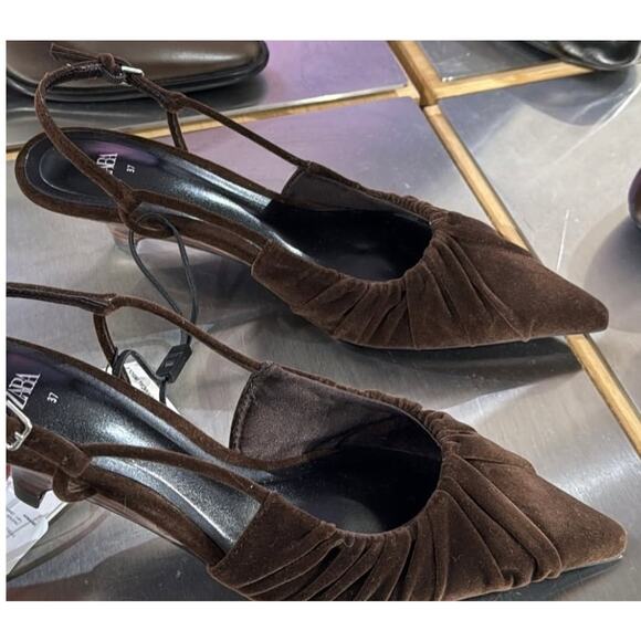 ZARA Velvet Slingback Kitten Heels NWT – Brown Ruched Pointed Toe, Size 7.5 - Picture 11 of 16